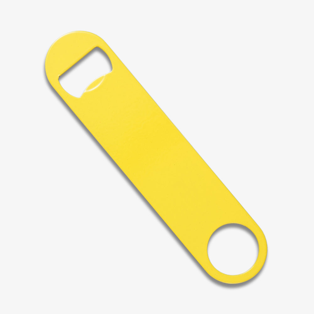 Bright yellow blade bottle opener, long flat solid metal bar with bottle opening slot and bottom hanging hole