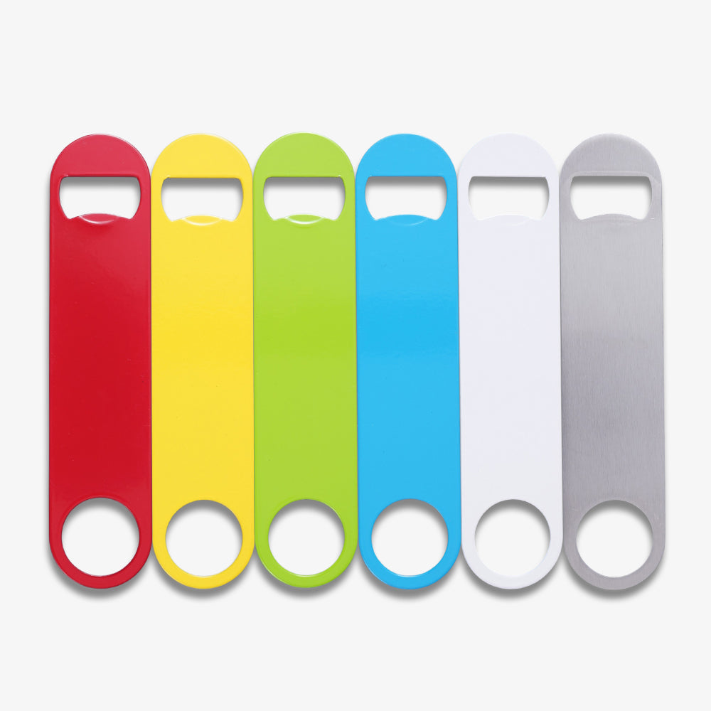 Blade Bottle Openers in 6 vibrant colors, glossy coated and brushed stainless steel flat bar bottle openers