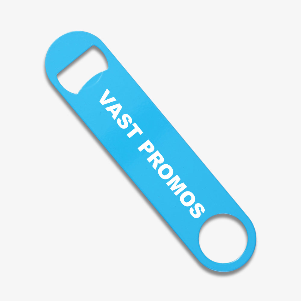 Blade Bottle Opener, bright blue flat bar style printed with white "VAST PROMOS" text