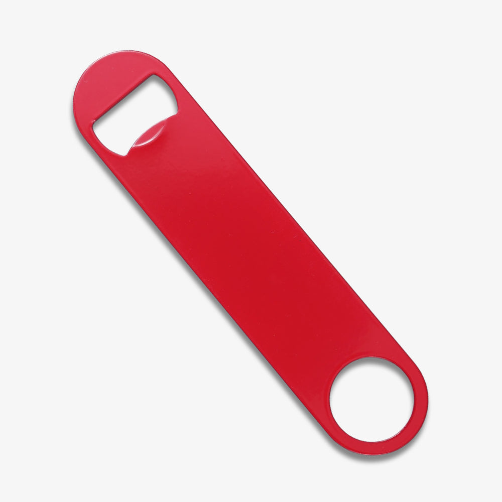 Bright red glossy blade bottle opener, long flat metal bar with end hanging hole, on plain white background