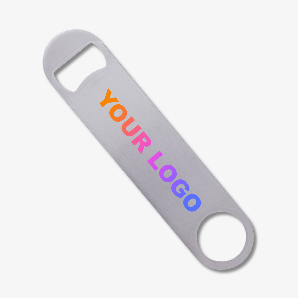 Blade Bottle Opener, brushed silver stainless steel, customizable with your own gradient printed logo