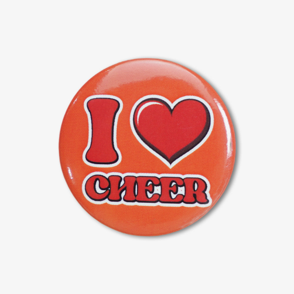 Bright orange glossy round button badge printed with retro "I Heart Cheer" graphic design