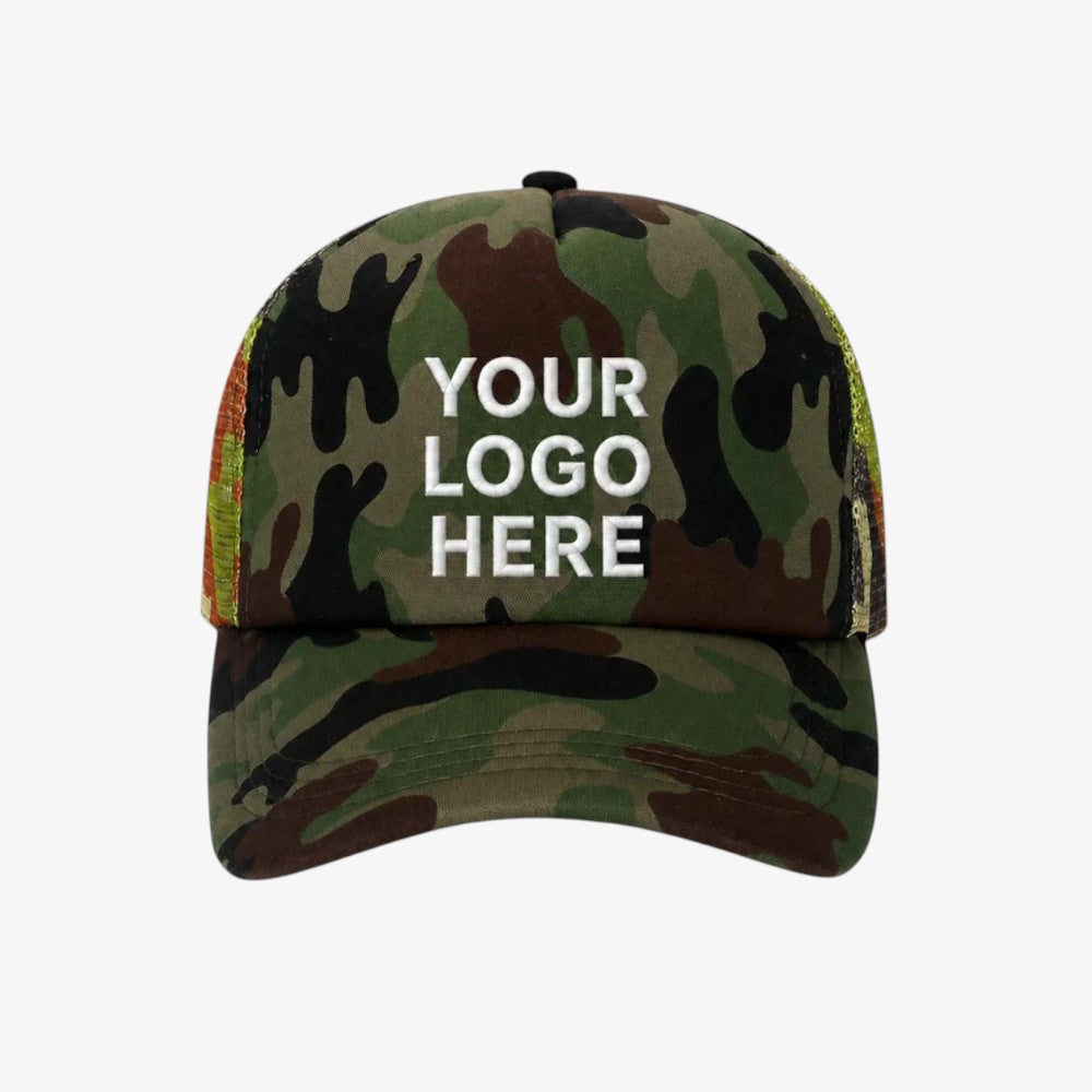 Camouflage baseball cap with green, brown, and black pattern, curved brim, and mesh back panels