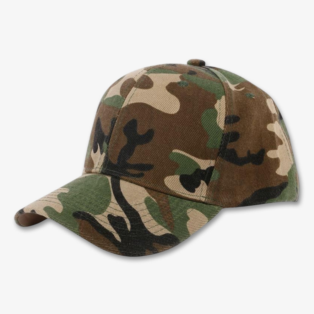 Camouflage baseball cap with classic six-panel construction, curved brim, and fabric-covered button on top