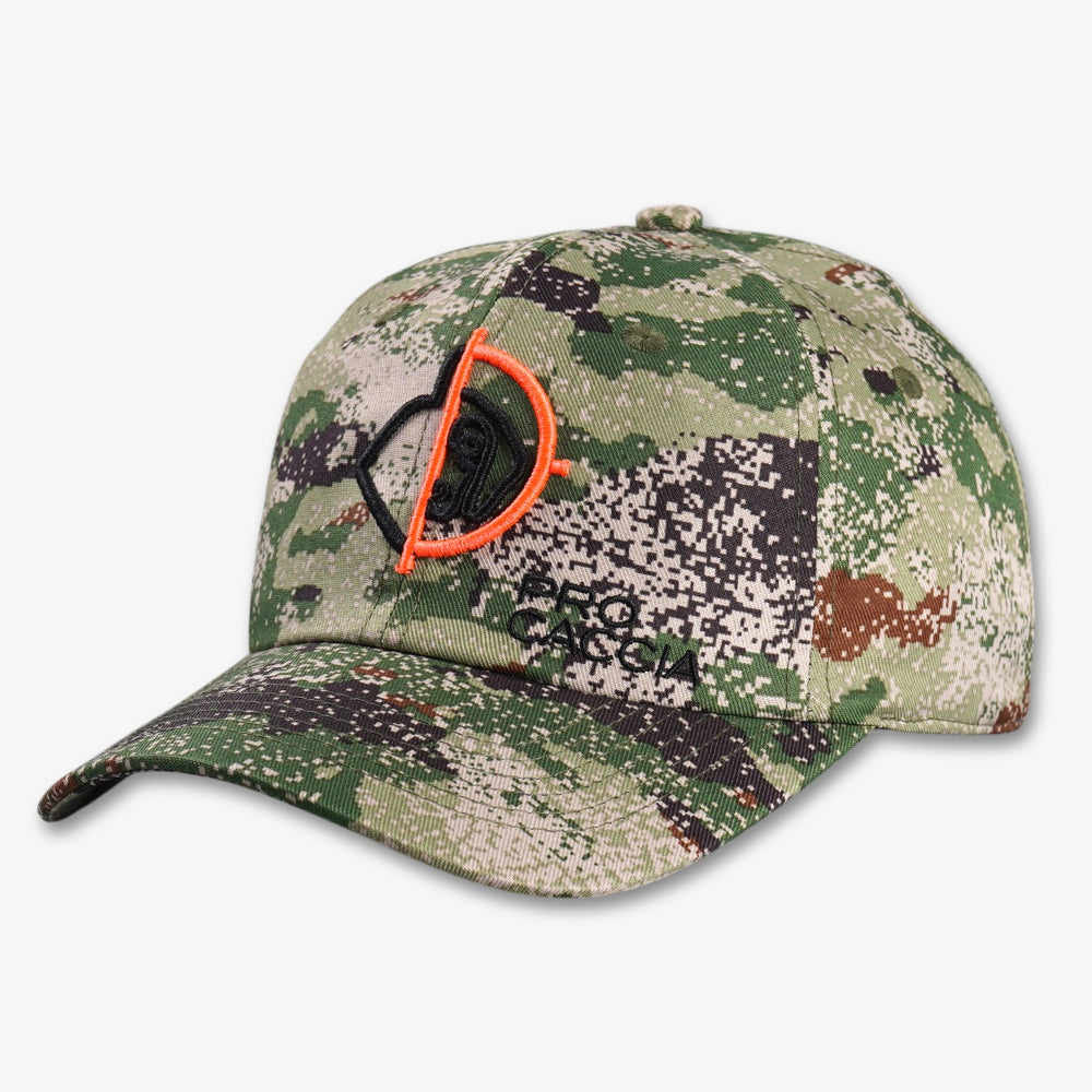 Camouflage baseball cap with digital green, tan, and black pattern, curved brim, and orange-and-black embroidered emblem