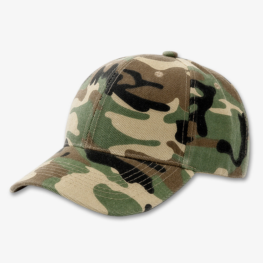 Camouflage baseball cap with green, brown, and black woodland pattern, structured crown, and curved brim