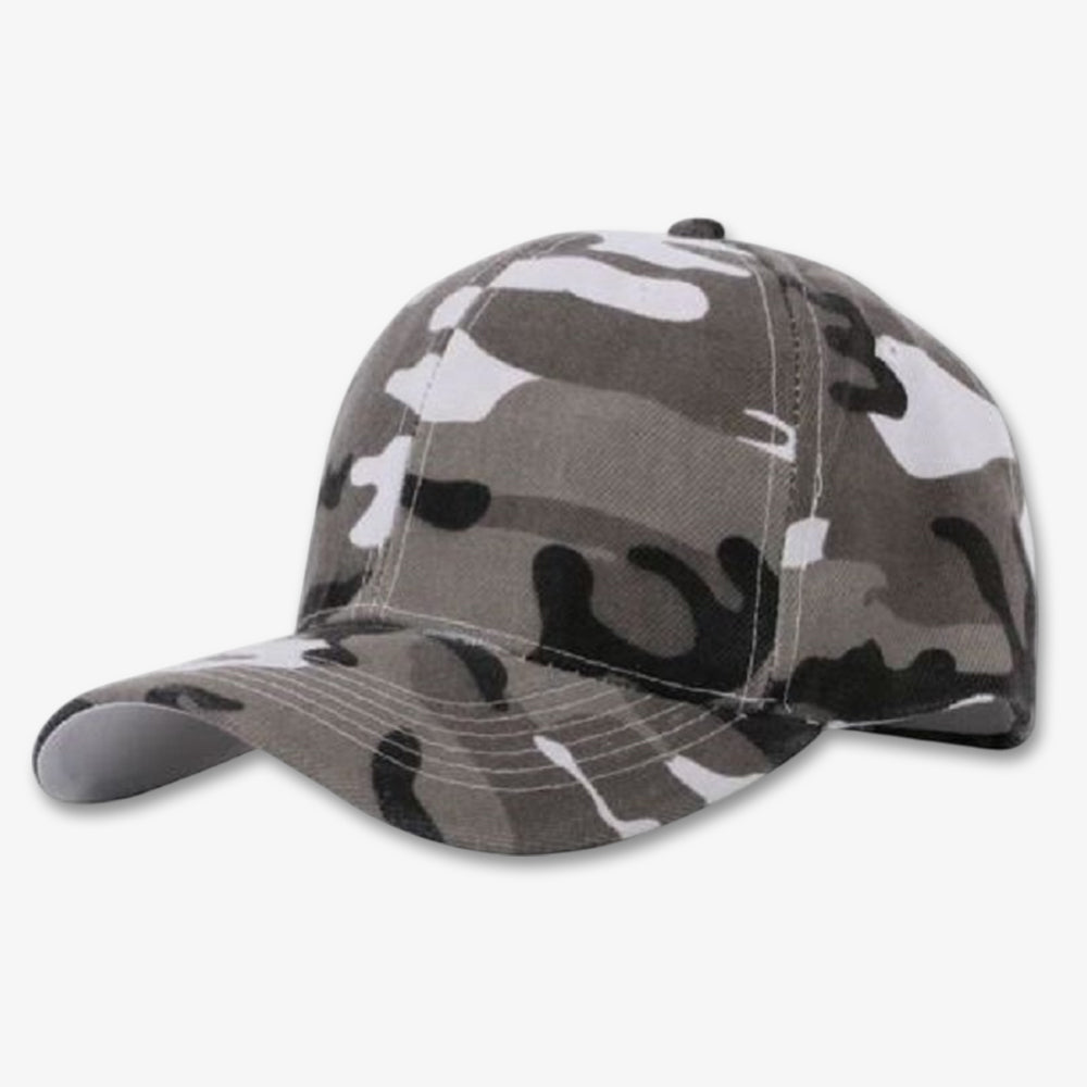 Camouflage baseball cap with gray, black, and white pattern, structured crown, and curved brim