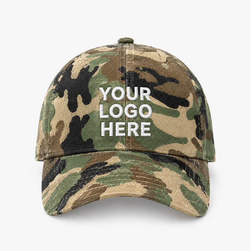 Camouflage baseball cap with classic six-panel construction, curved brim, and fabric texture in green, brown, and black tones