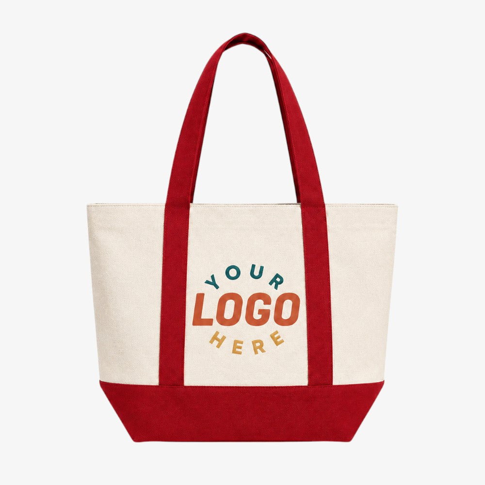 Canvas boat tote bag with red handles and base, natural off-white body, customizable to add your own logo