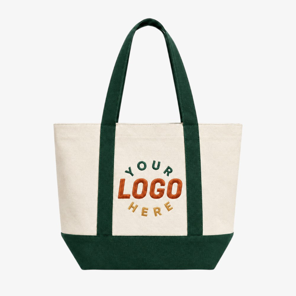 Canvas boat tote bag, off-white canvas body with dark green handles and base, custom logo embroidery placeholder