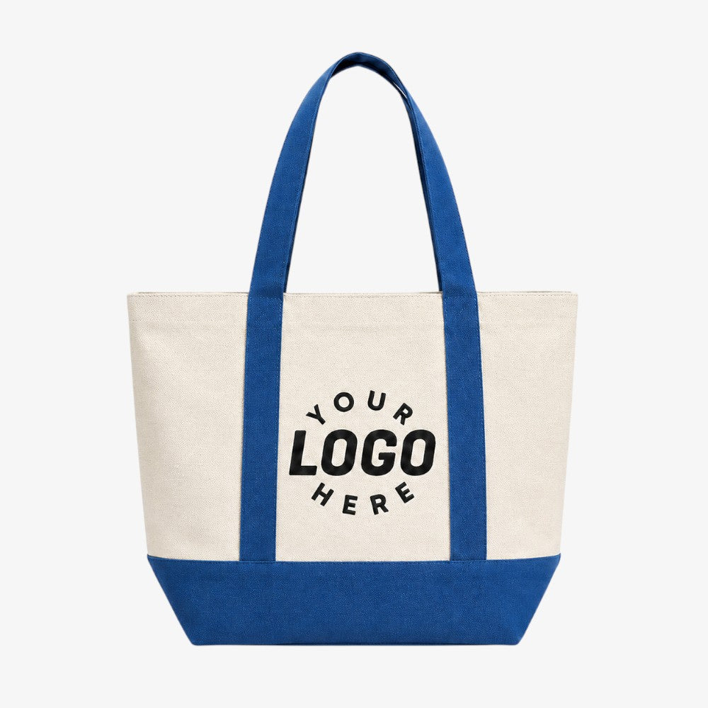 Canvas boat tote bag, natural off-white body with bright blue handles and base, custom logo placement on front