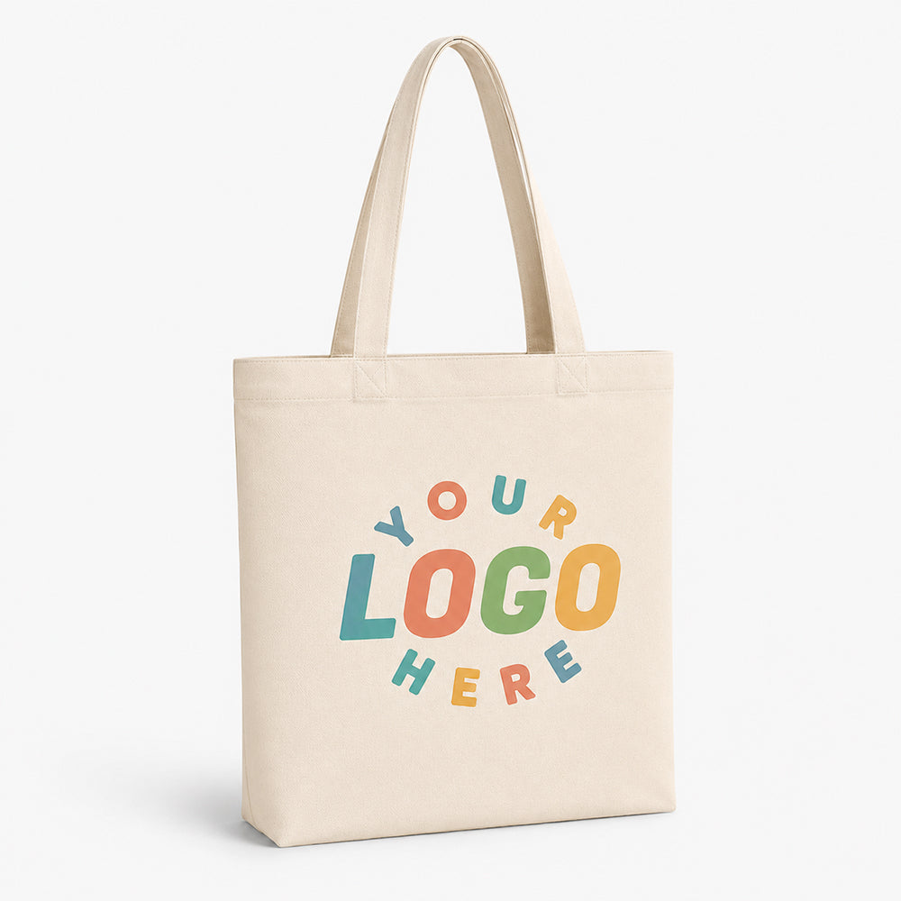 Natural beige canvas tote bag with bottom, colorful custom logo placeholder printed on front