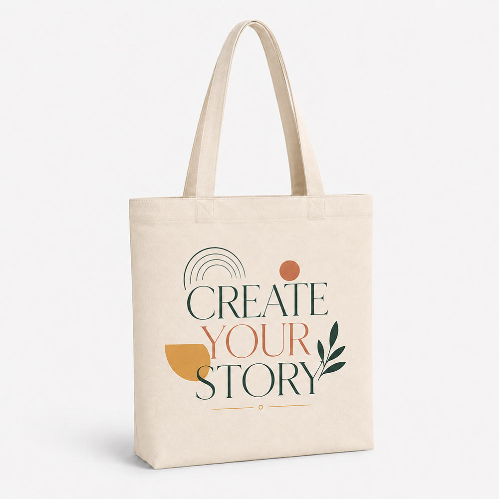 Natural beige Canvas Tote Bag With Bottom, printed with "Create Your Story" minimalist boho art design