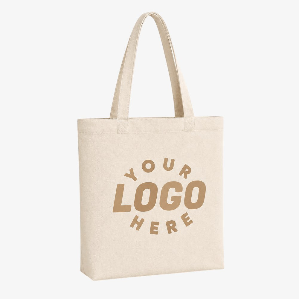 Natural beige Canvas Tote Bag With Bottom, custom "your logo here" print, sturdy long shoulder handles