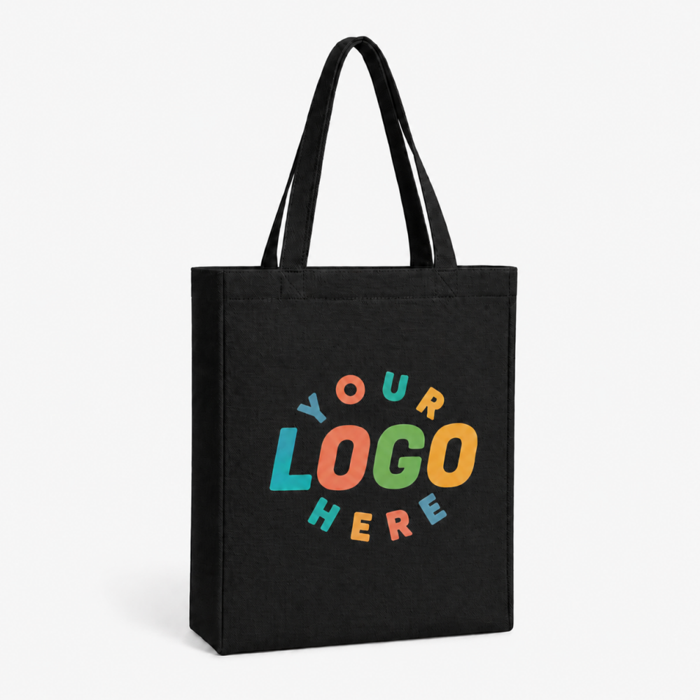 Black canvas tote bag with side and bottom, designed for your custom logo printing