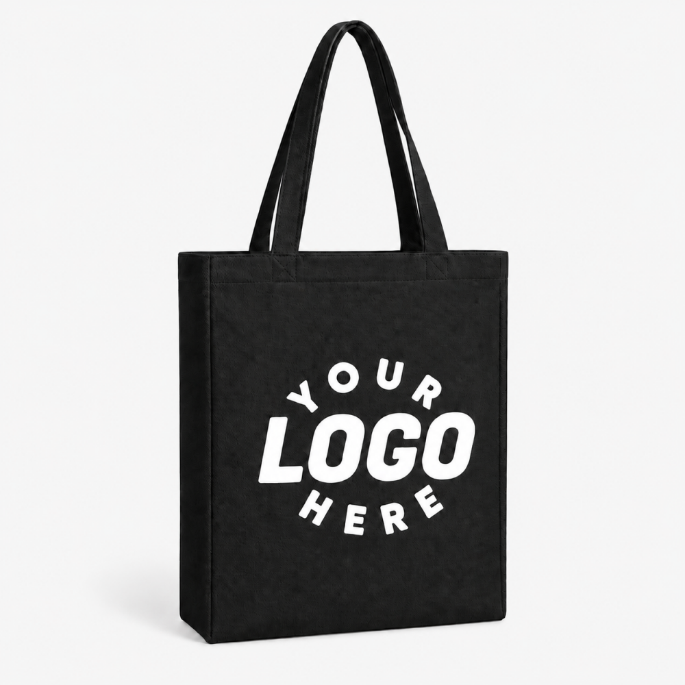 Black canvas tote bag with side and bottom, customizable area to print your own brand logo