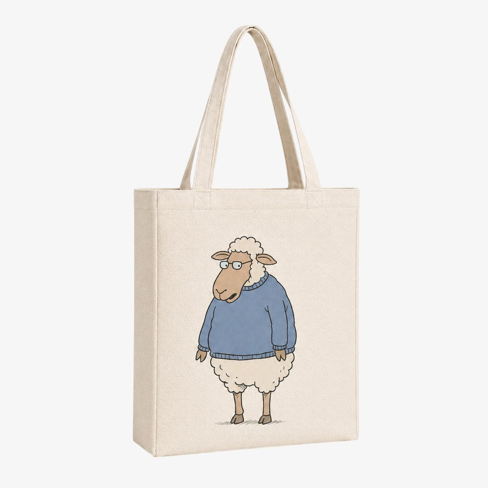 Canvas Tote Bag with side and bottom, beige fabric printed with cute cartoon sheep wearing blue sweater and glasses