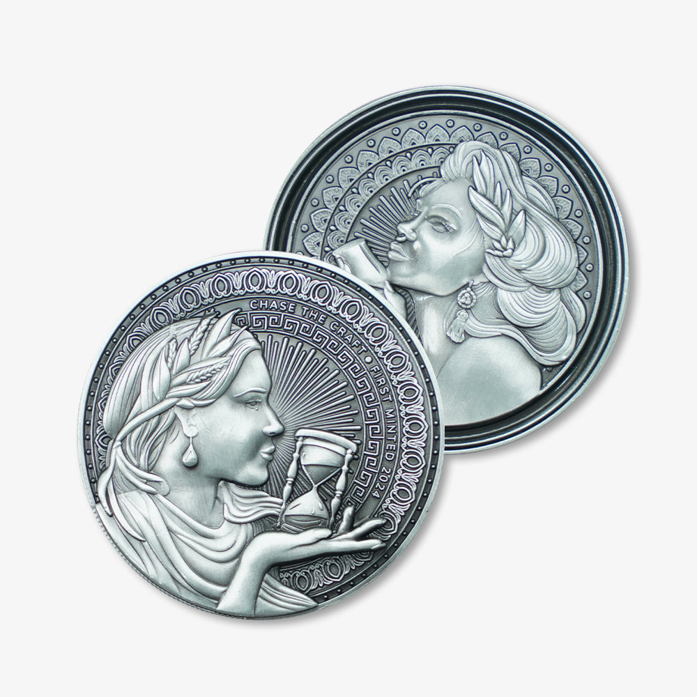 Antique silver challenge coins with double-sided embossed lady portrait, hourglass and delicate decorative engravings