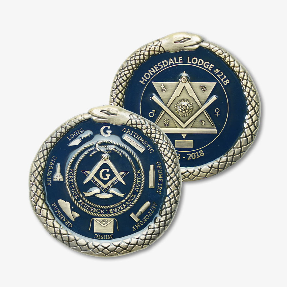 Masonic challenge coins with navy blue enamel, antique brass ouroboros border and engraved Freemason lodge emblems