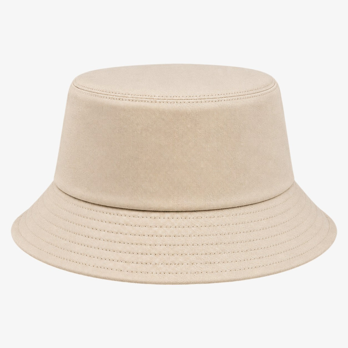 Beige bucket hat with a structured crown, stitched band detail, and a gently curved brim