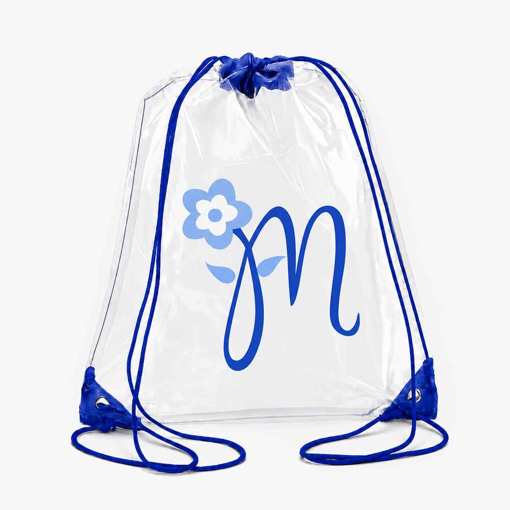 Clear drawstring bag with blue drawstrings, printed blue monogram M and flower, transparent PVC material