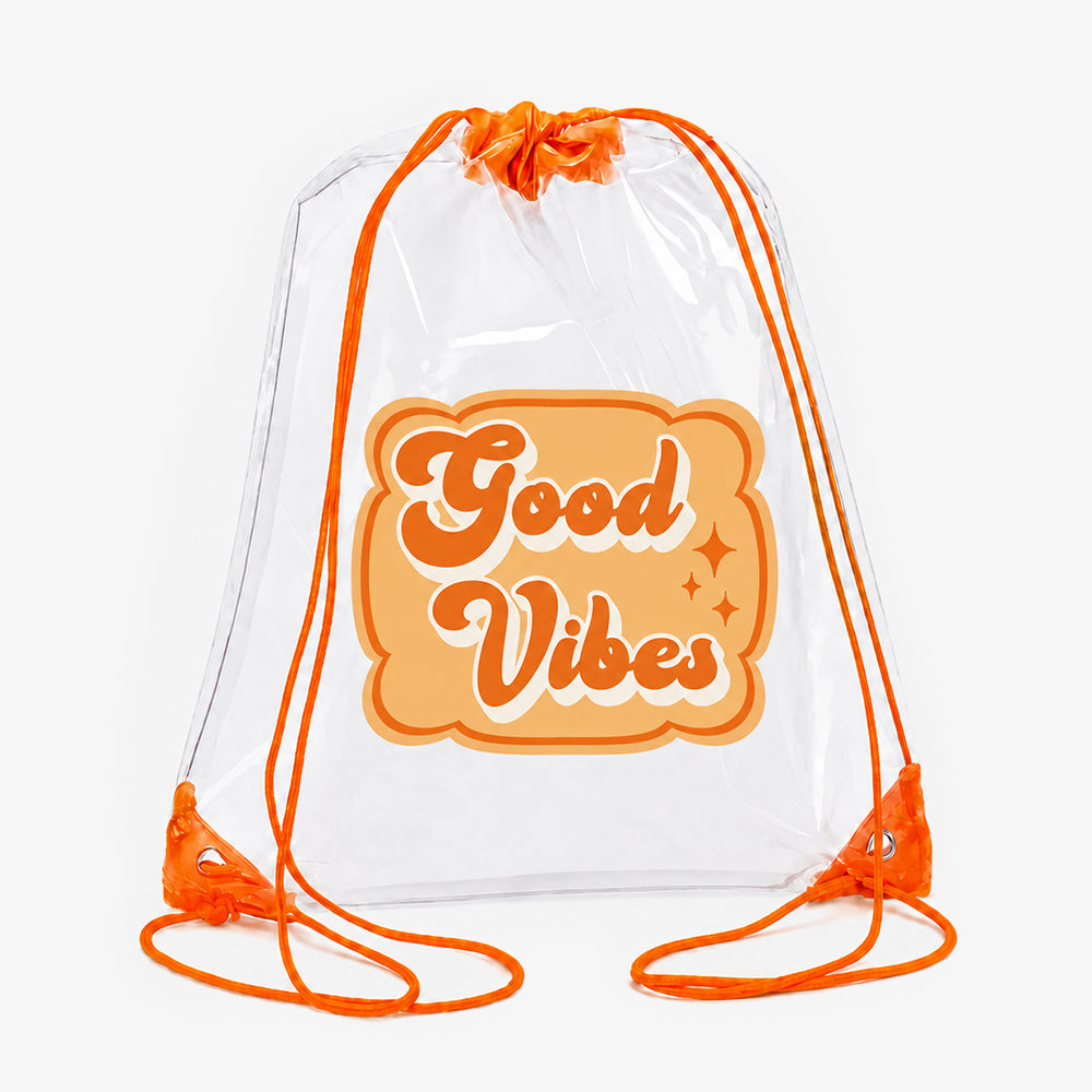 Clear drawstring bag with bright orange drawstrings, retro "Good Vibes" graphic print on transparent PVC body