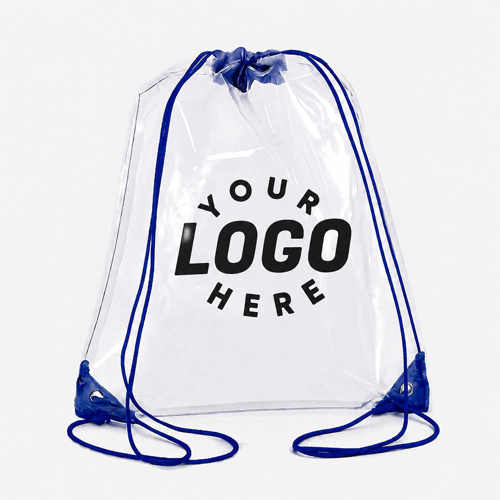 Clear drawstring bag with blue drawstrings, transparent PVC material, custom logo placeholder printed on front
