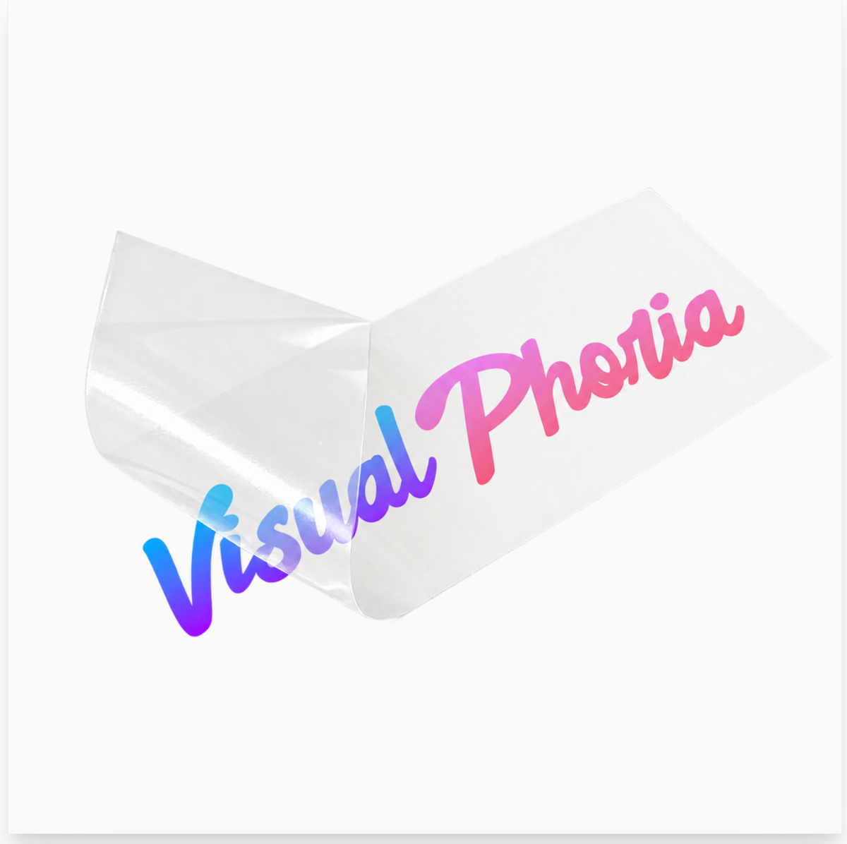 Clear transfer decal with glossy finish, featuring a smooth gradient from blue to pink in cursive script