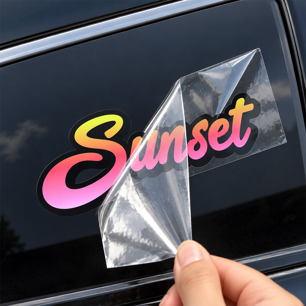 Clear transfer decal with gradient pink-to-yellow script lettering and black outline being peeled from backing