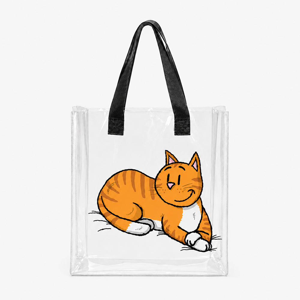 Clear PVC Tote Bag with black handles, printed with cute cartoon orange tabby cat pattern