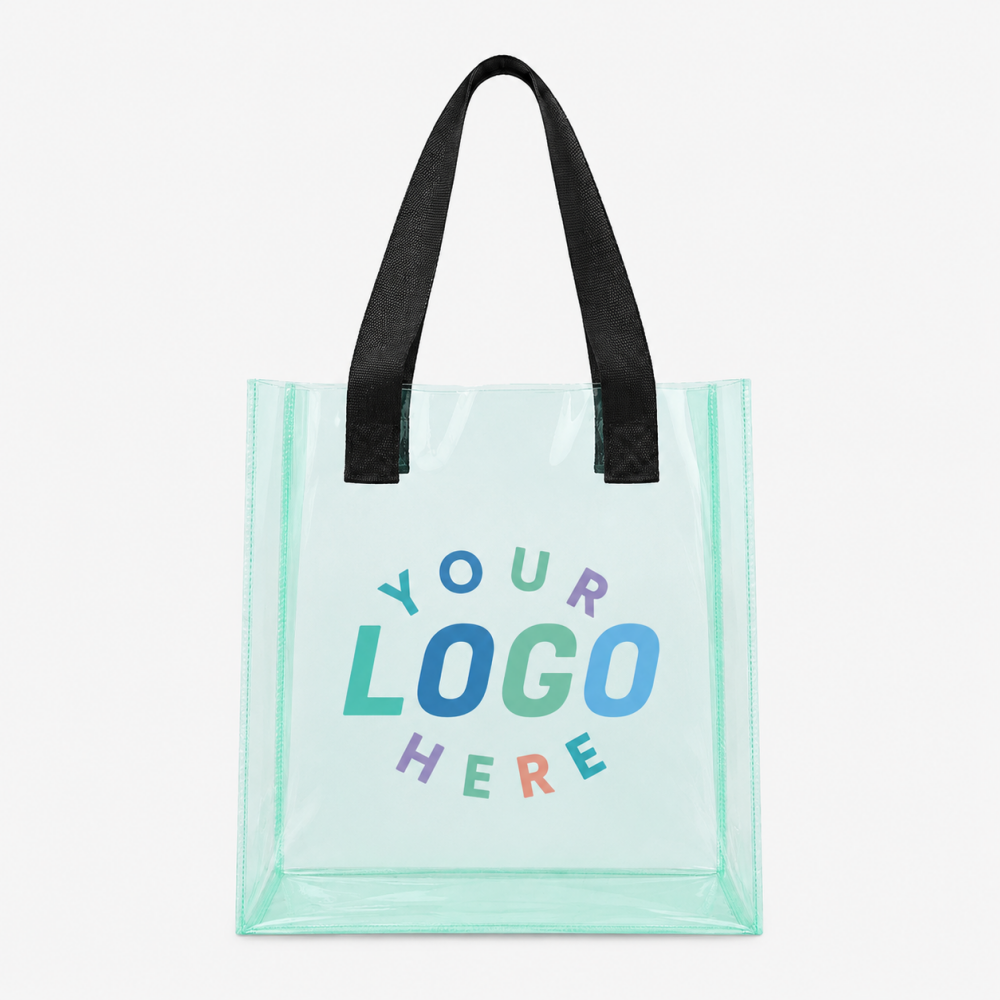 Colored clear mint green PVC tote bag with black handles, customizable logo print area