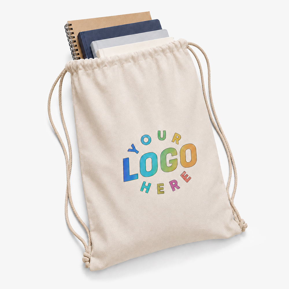 Cotton drawstring bag in beige color, customizable for your logo, holding notebooks inside