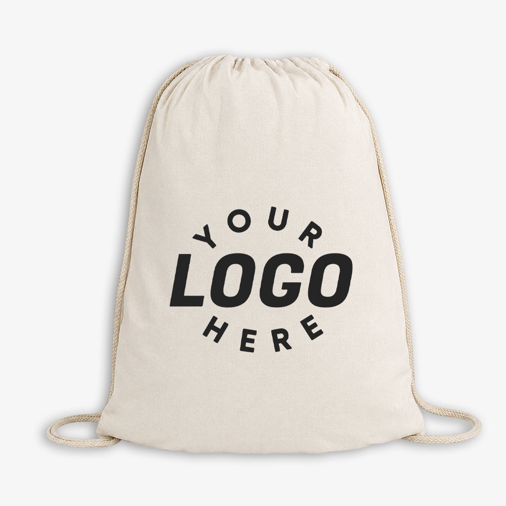 Natural beige cotton drawstring bag, customizable to print your own brand logo on the front