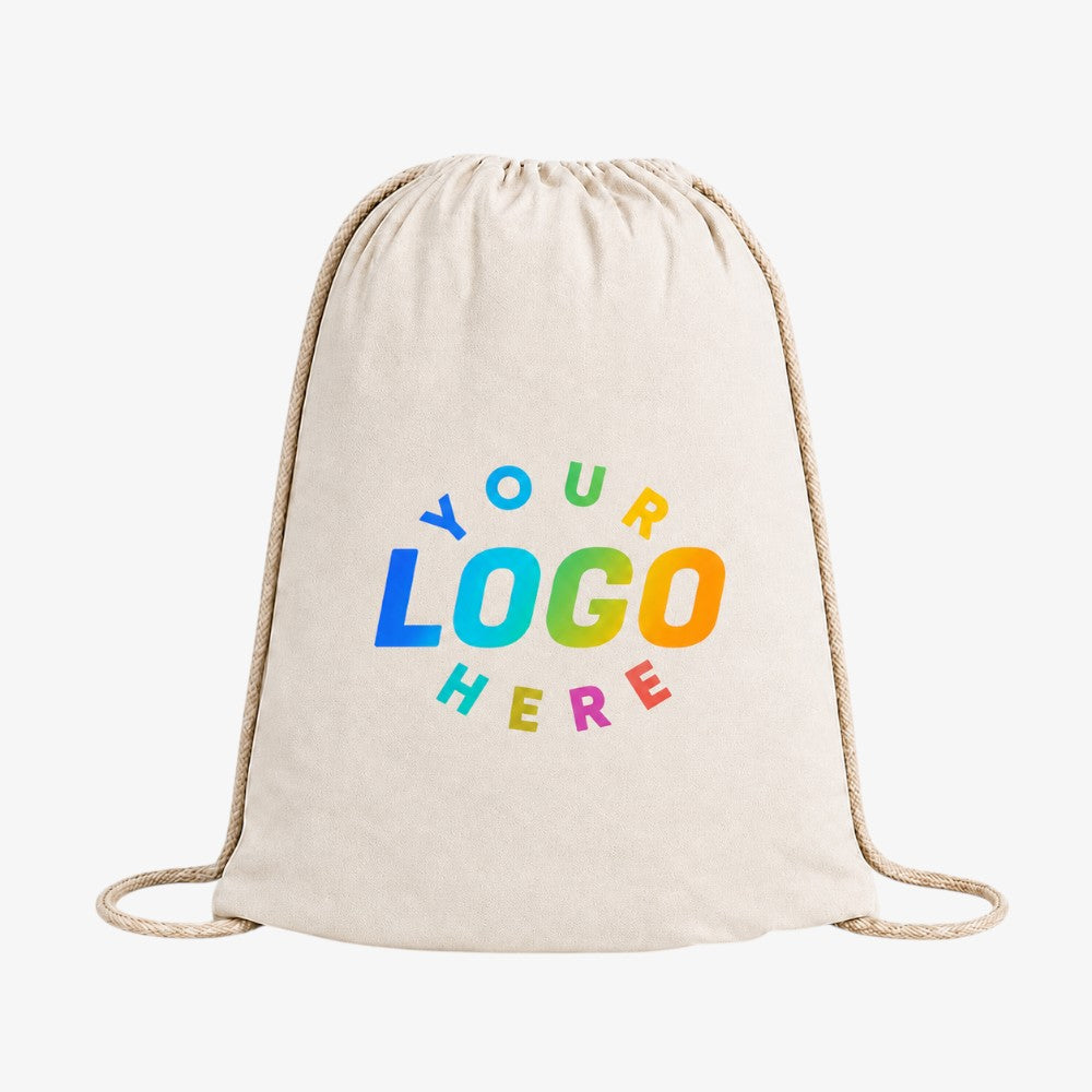 Natural beige cotton drawstring bag, customizable with your own colorful logo, made of soft plain canvas