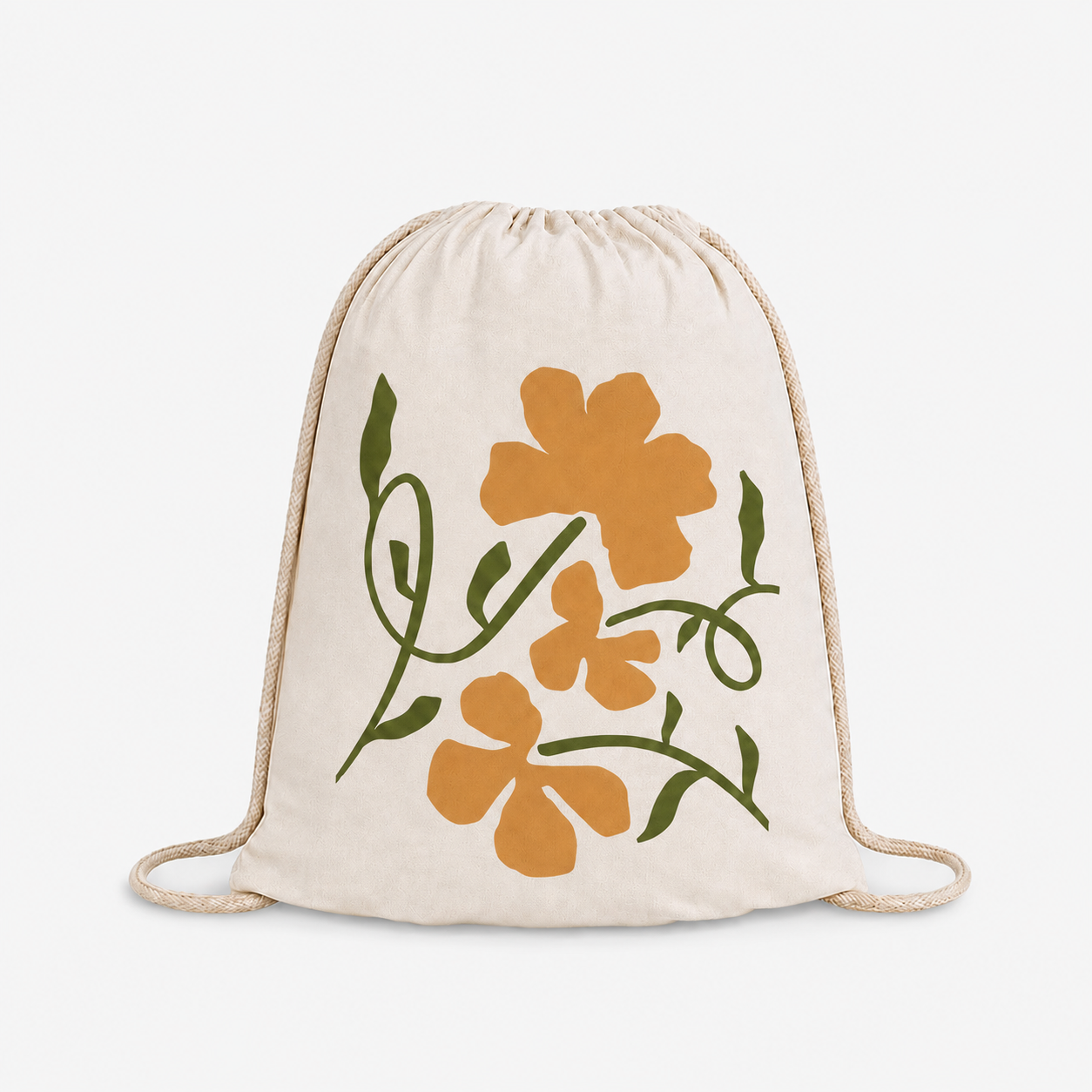 Cotton drawstring bag featuring abstract orange floral and green vine print on off-white soft cotton fabric
