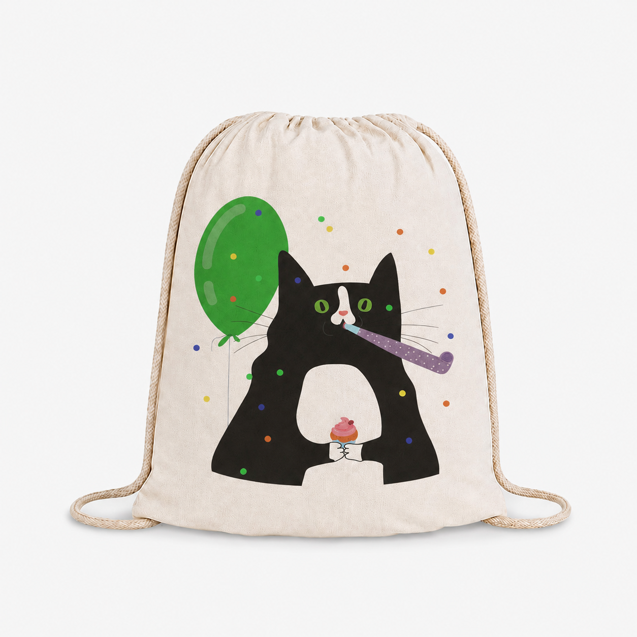 Beige cotton drawstring bag with fun cartoon party black cat, green balloon and cupcake print