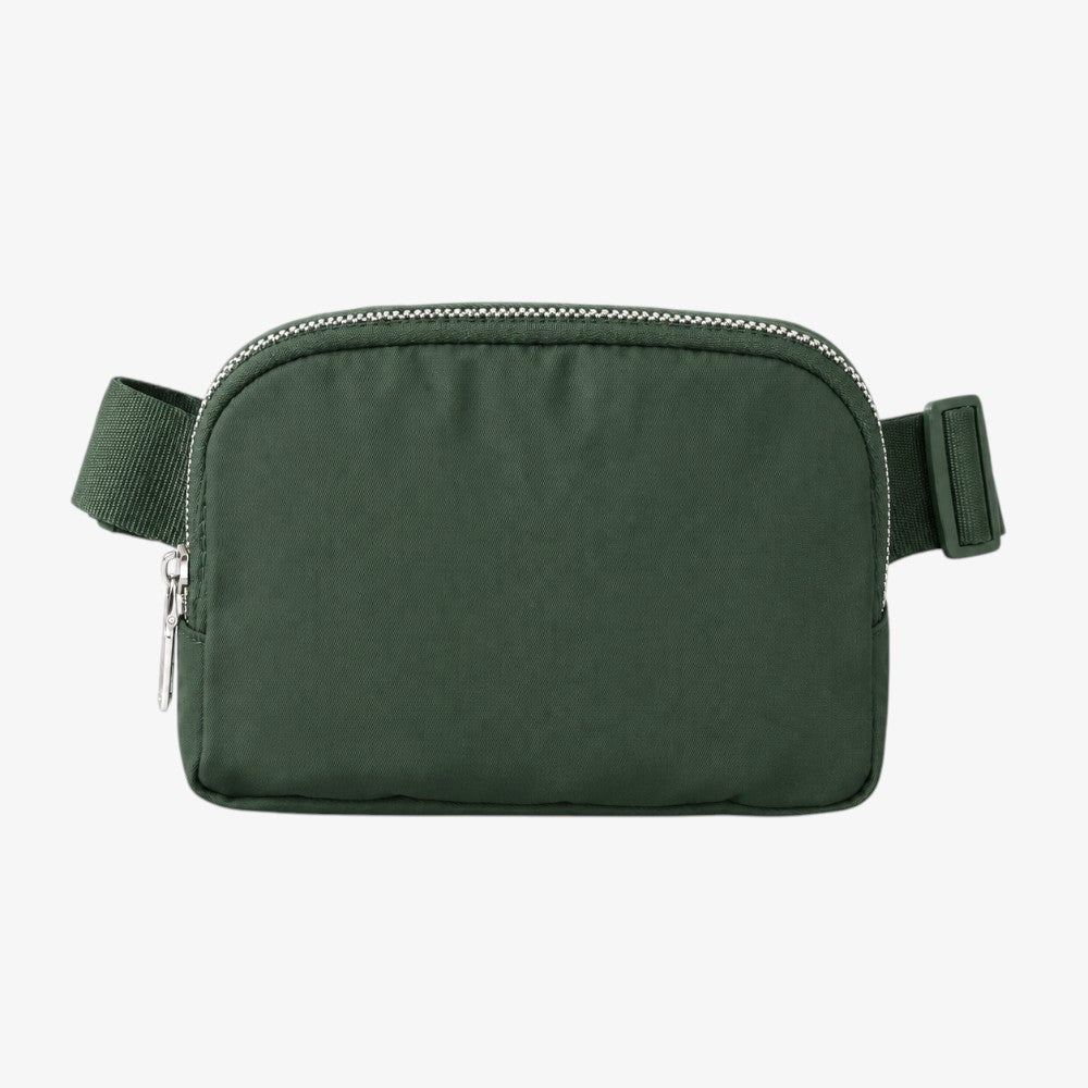 Olive green crossbody fanny pack with silver zipper and adjustable strap