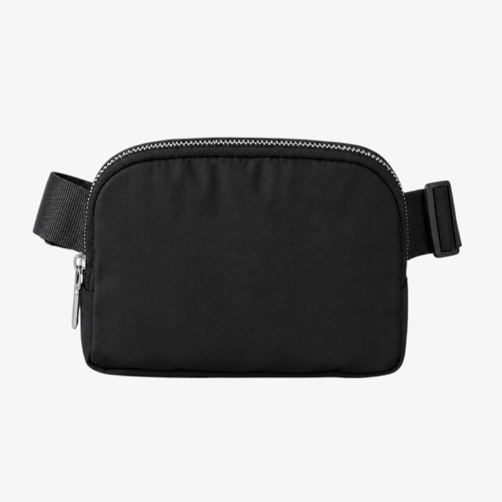 Black nylon cross body fanny pack with silver zipper and adjustable strap