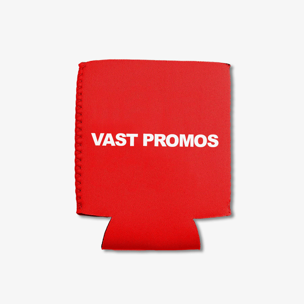 Custom 12 oz. red folding can cooler printed with white "VAST PROMOS" text, stitched neoprene drink sleeve