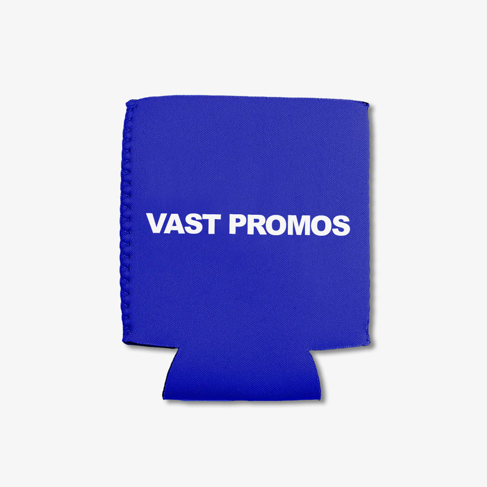 Custom 12 oz. royal blue folding can cooler with white VAST PROMOS printed log
