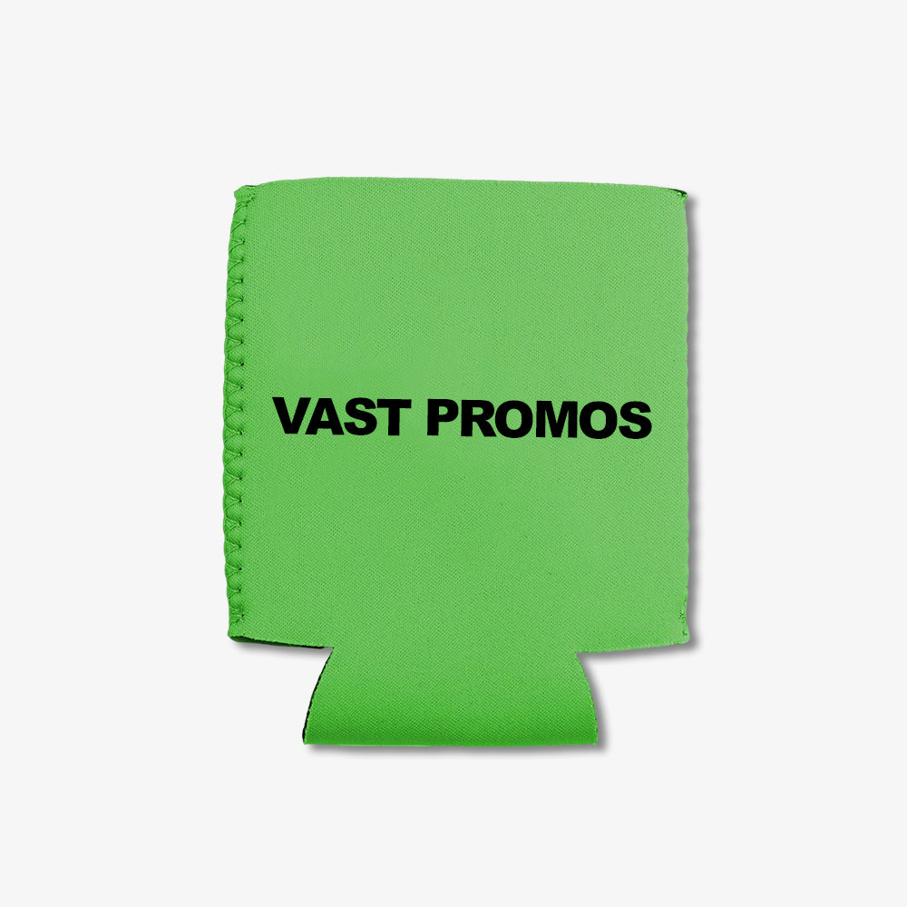 Custom 12 oz. folding can cooler in bright green, printed with bold VAST PROMOS text, neat stitched side edg