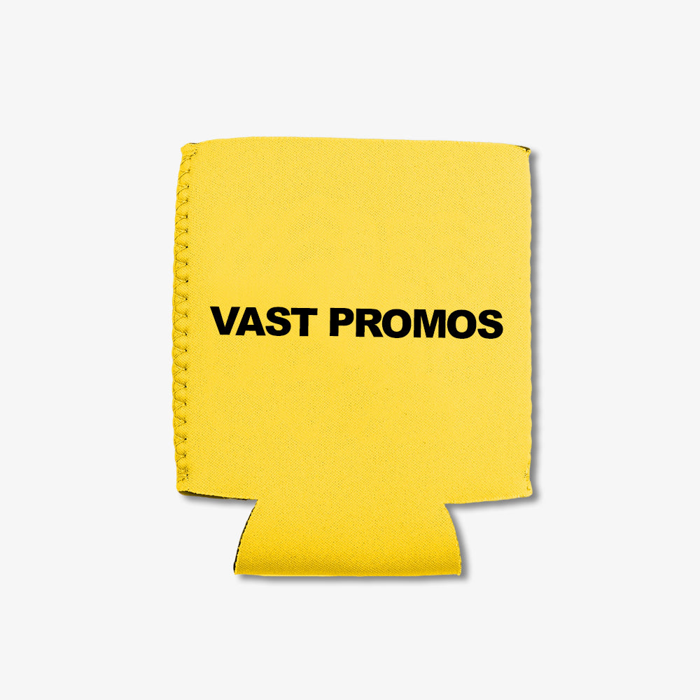 Custom 12 oz. Folding Can Cooler in bright yellow, printed with bold black "VAST PROMOS" text
