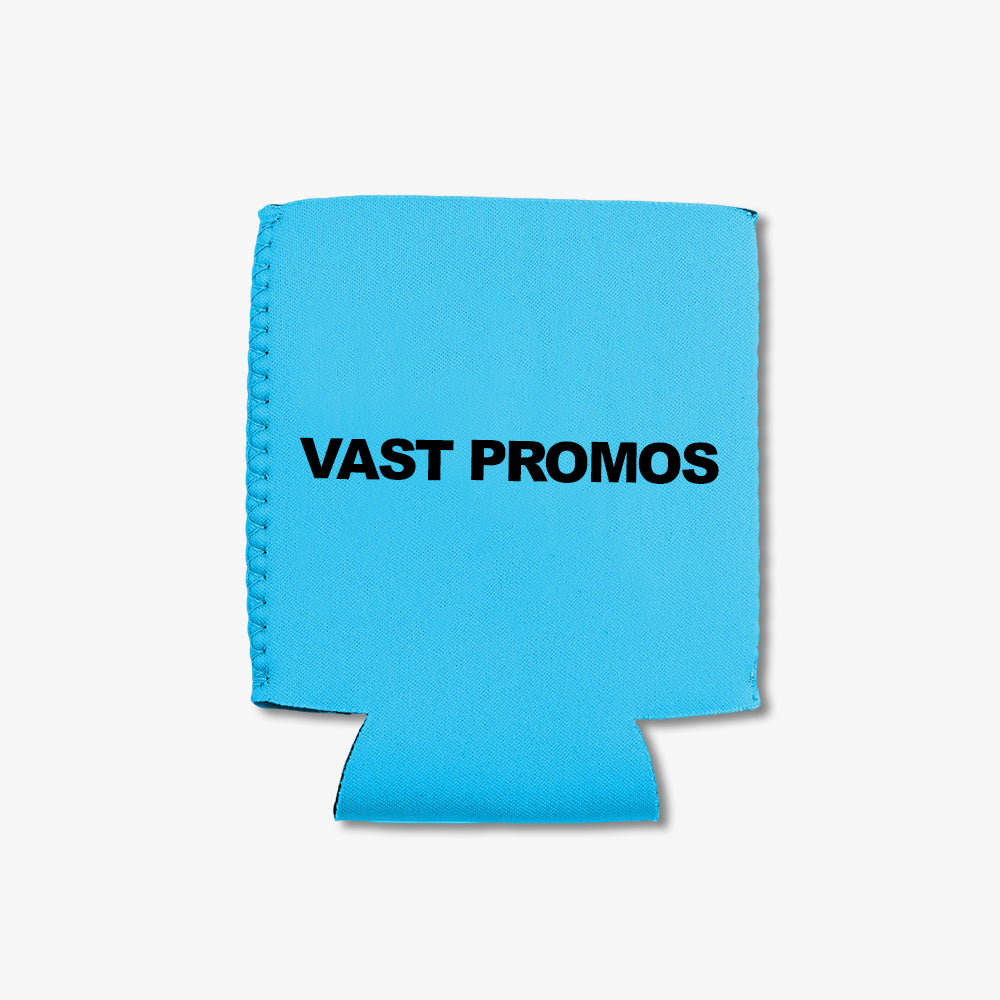 Custom 12 oz. Folding Can Cooler in bright sky blue, printed with bold black "VAST PROMOS" tex