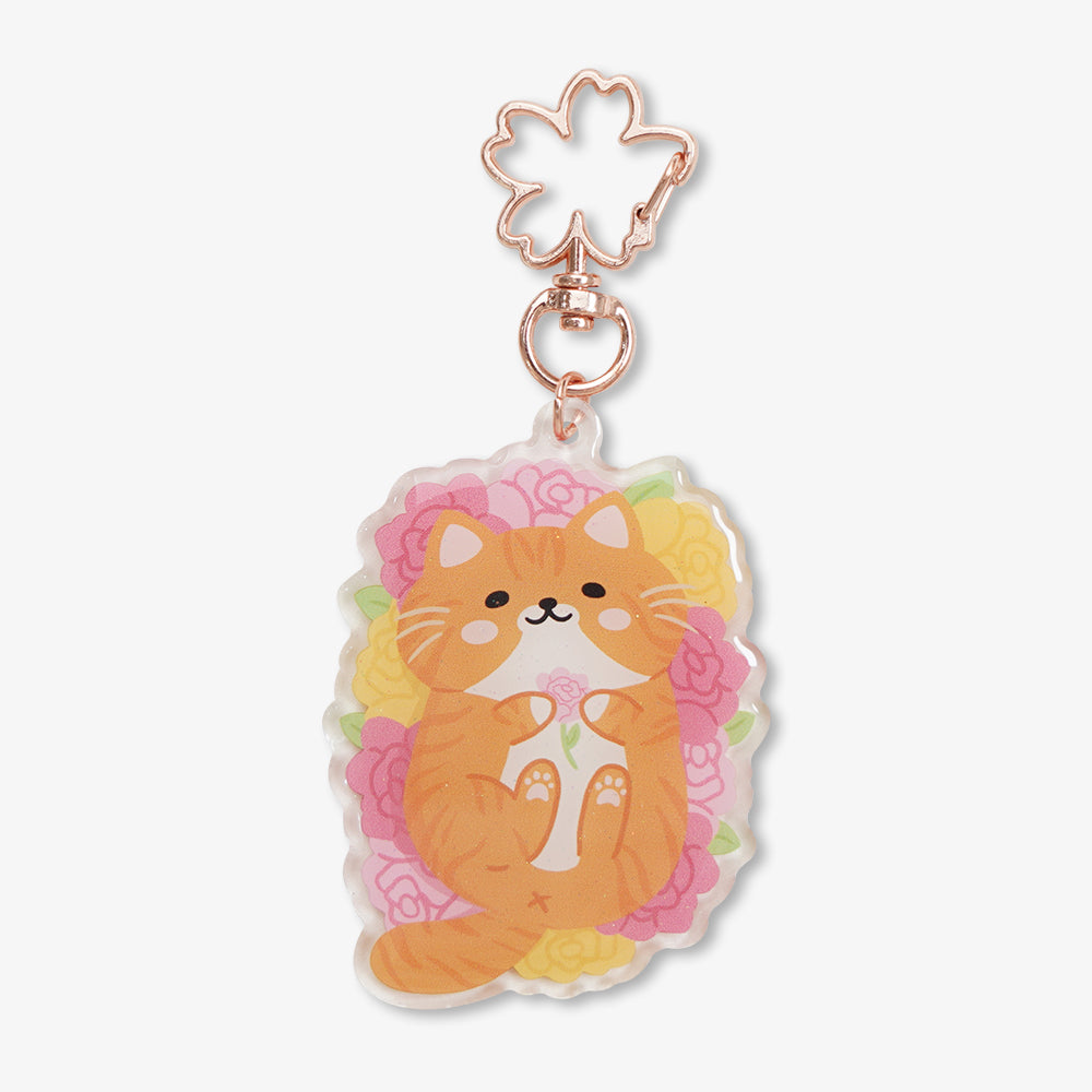 Custom acrylic keychain with cute orange cat floral design, rose gold cherry blossom shaped clasp