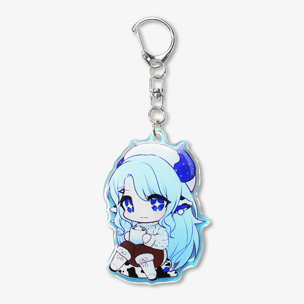 Custom acrylic keychain featuring cute chibi blue-haired anime girl charm with silver metal key clasp