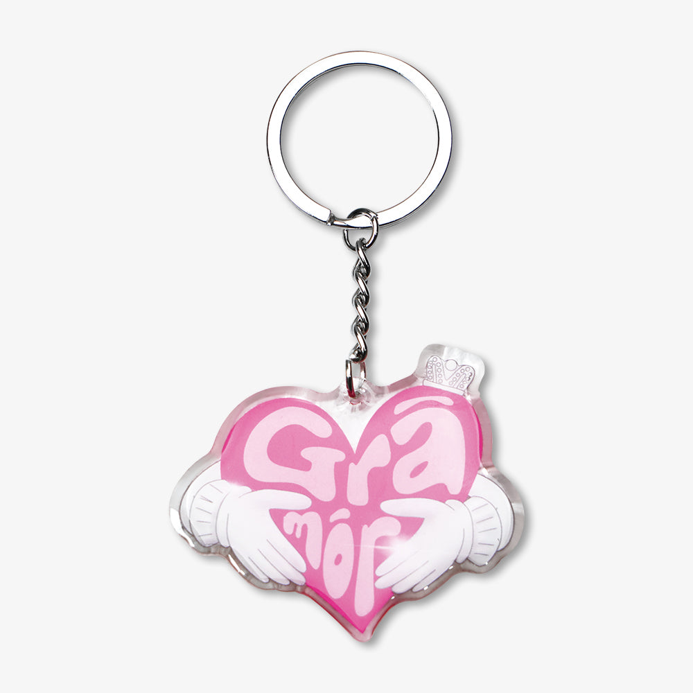 Custom acrylic keychain with pink heart design, printed text, white hand and tiny crown details, attached to silver metal key ring