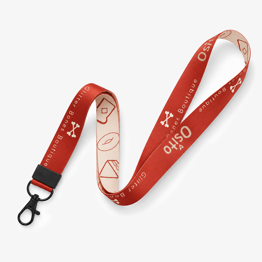 Red fabric lanyard with black plastic clip and silver-tone metal swivel hook