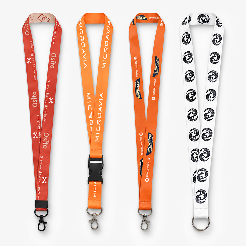 Four full-color printed lanyards in red, orange, and white with black buckles and metal hooks