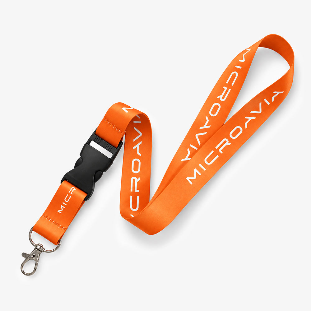 Bright orange fabric lanyard with black plastic buckle and silver metal clip