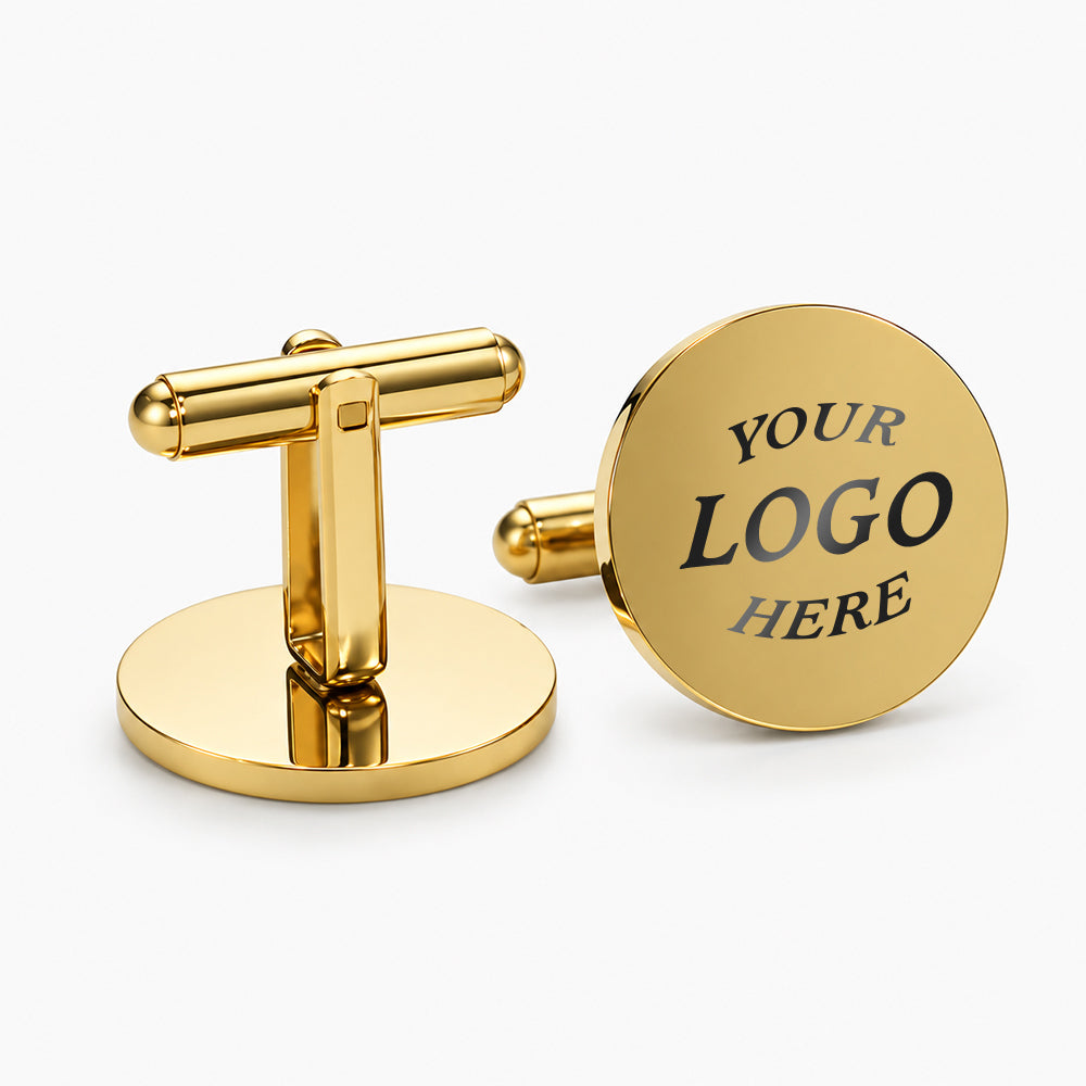 Gold-toned round cufflinks with polished T-bar fasteners and smooth reflective surfaces